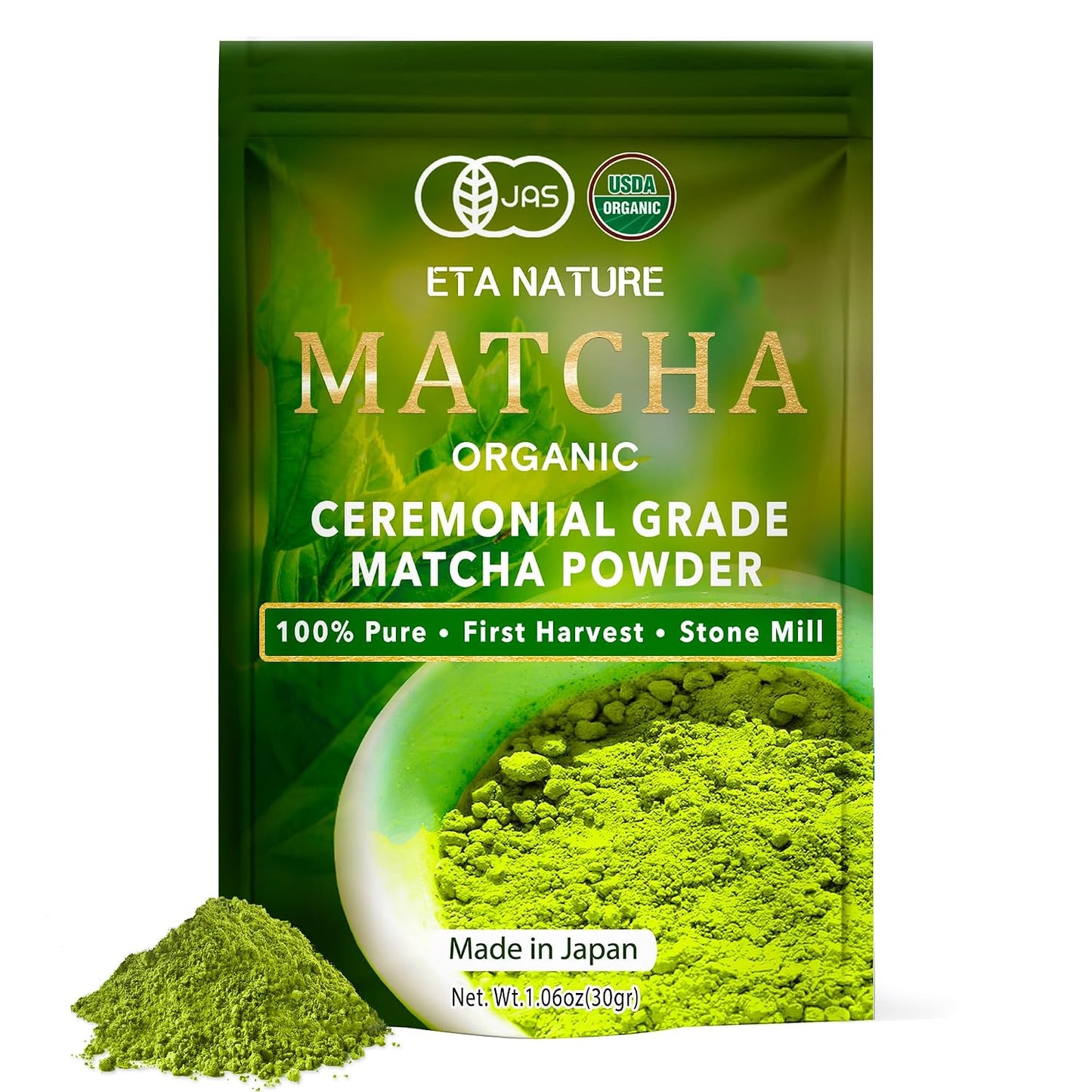 ETANATURE Premium Ceremonial Grade Matcha Powder - Matcha Green Tea Powder for Metabolism, Brain and Sleep - JAS Certified Matcha Grade from Japan Kagoshima Farms 30 Servings - Ceremonial Tea 30g
