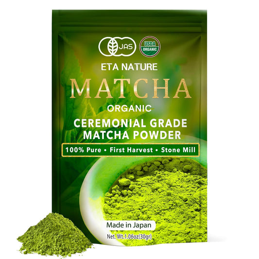ETANATURE Premium Ceremonial Grade Matcha Powder - Matcha Green Tea Powder for Metabolism, Brain and Sleep - JAS Certified Matcha Grade from Japan Kagoshima Farms 30 Servings - Ceremonial Tea 30g