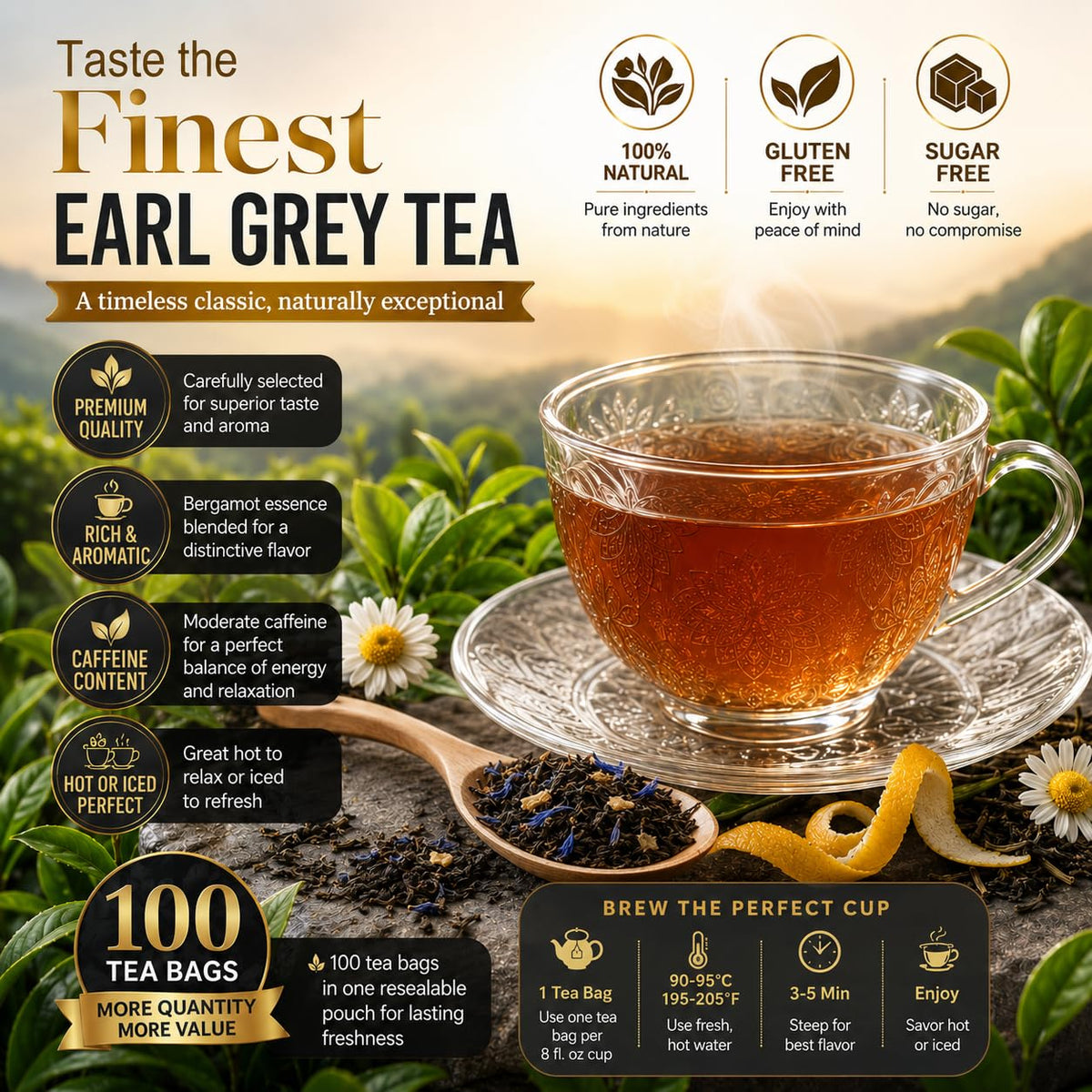 Natural earl grey Black tea 200g. 100 tea bags 100% natural earl grey tea loose leaf Tea.Additive-Free• Sugar-Free • Vegan