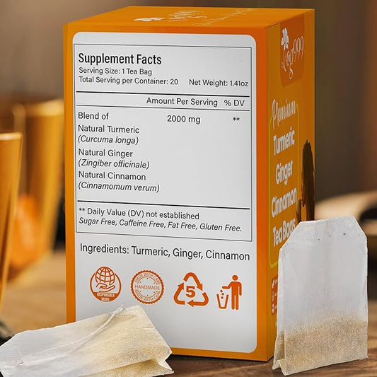 TOG999, 15 Turmeric, Ginger, Cinnamon Tea Bags, 100% Natural, Hand-made Blend of Turmeric, Ginger, and Cinnamon. Eco-conscious Tea Bags. No Sugar, No Caffeine, No Gluten, Vegan.