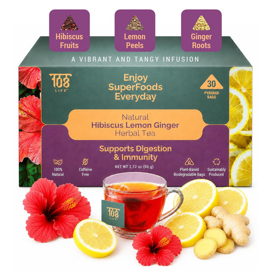 108LIFE Herbal Tea Bags - Caffeine Free 30 Count - Hibiscus Lemon Ginger | Supports Digestion &amp; Immunity, Vibrant Zesty Detox, Natural Aroma, Caffeine-free SuperFoods Biodegradable Pyramid Tea Bags