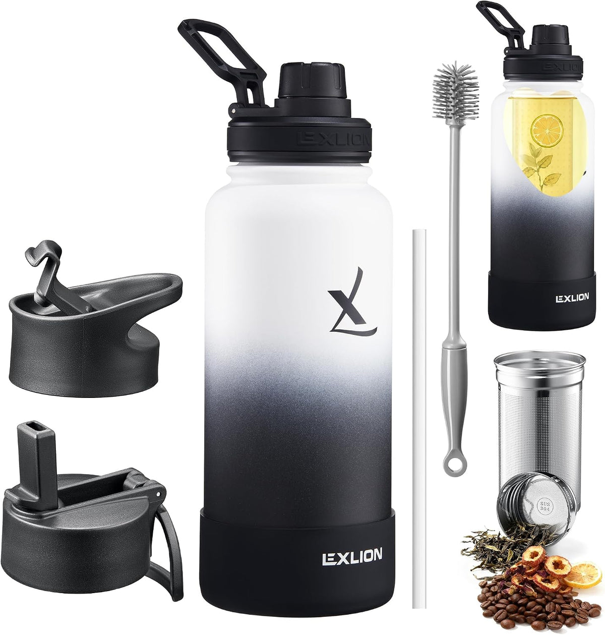 Lexlion Tea Infuser Water Bottle 32 Oz – Triple Wall Insulated Stainless Steel, Loose Leaf &amp; Fruit Strainer, 3 Leakproof Lids, BPA-Free Silicone Sleeve, Reusable Thermal Mug