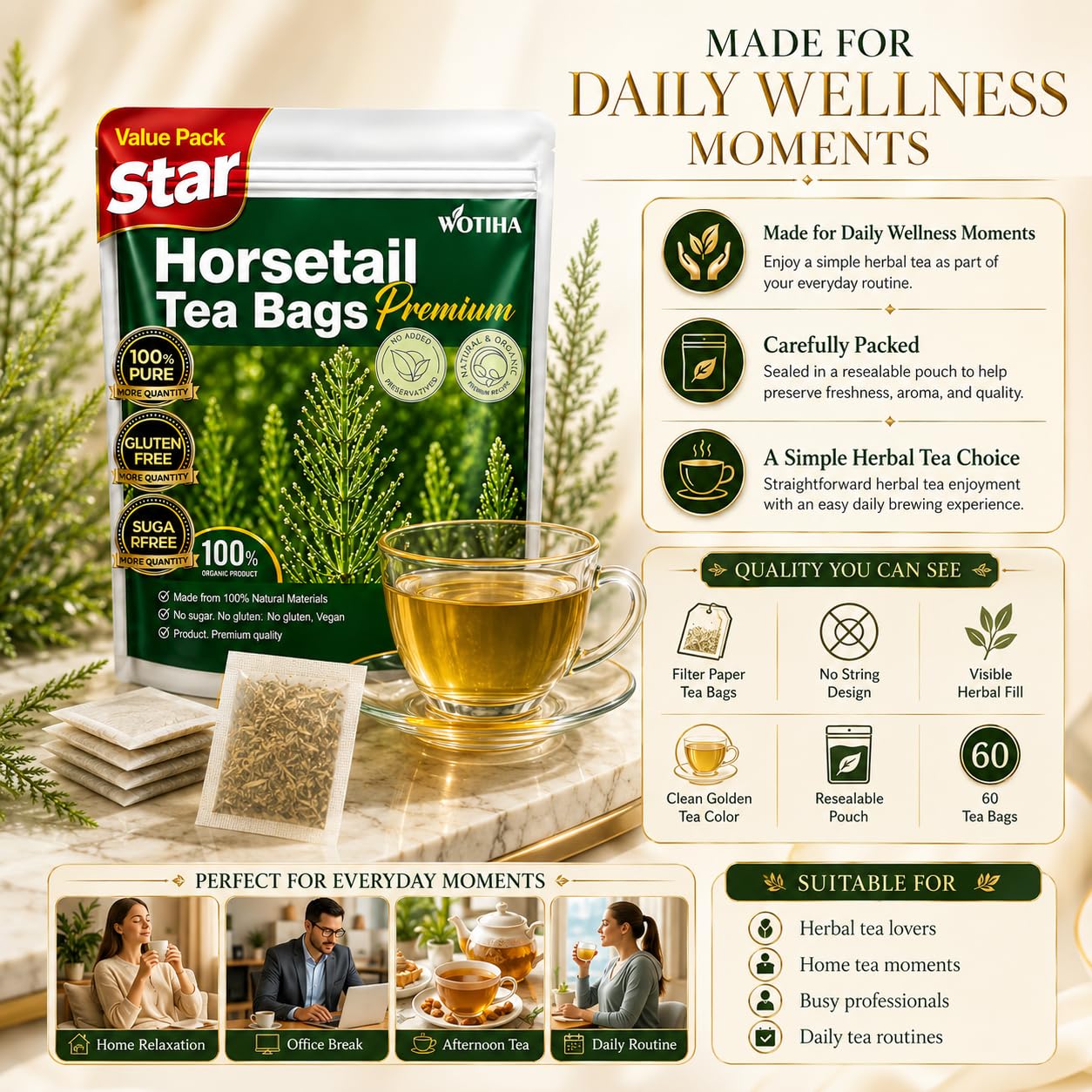 WOTIHA 60 Count Premium Horsetail Tea Bags - 100% Natural Pure Herb, Supports Hair &amp; Nail Health, Caffeine/Additive/Sugar-Free, Non-GMO, Cola De Caballo Hierba