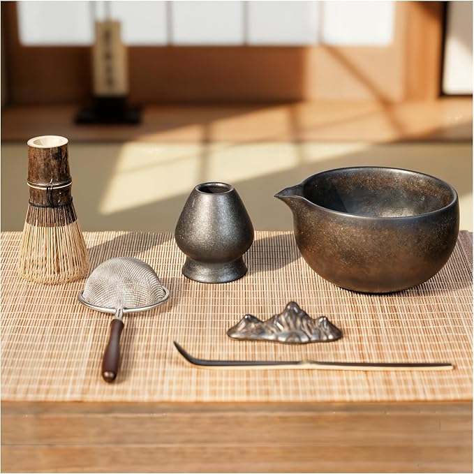 7-Piece Matcha Set with Ceramic Matcha Bowl, Bamboo Whisk (Chasen) & Holder, Sifter, Tea Scoop & Rest, Special Bamboo Tea Mat - Perfect Matcha Kit for Matcha Lovers & Gift Giving, Gilded