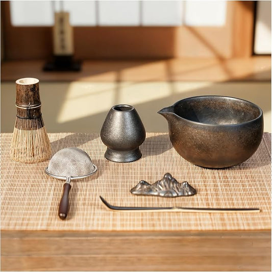 7-Piece Matcha Set with Ceramic Matcha Bowl, Bamboo Whisk (Chasen) & Holder, Sifter, Tea Scoop & Rest, Special Bamboo Tea Mat
