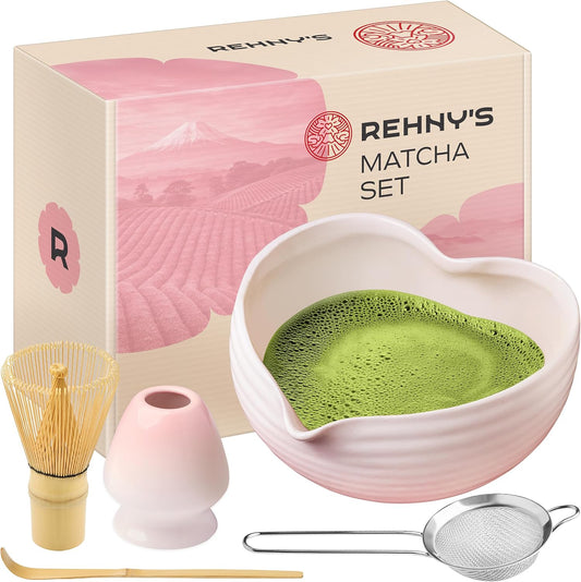 Rehny’s Matcha Whisk Set | Complete Pink Matcha Set w/Heart-Shaped Bowl, Bamboo Whisk, Holder, Stainless Steel Sifter, Bamboo Scoop | Cute Gift Present Macha Kit Handmade Bowl | Macha Powder Tea Kit