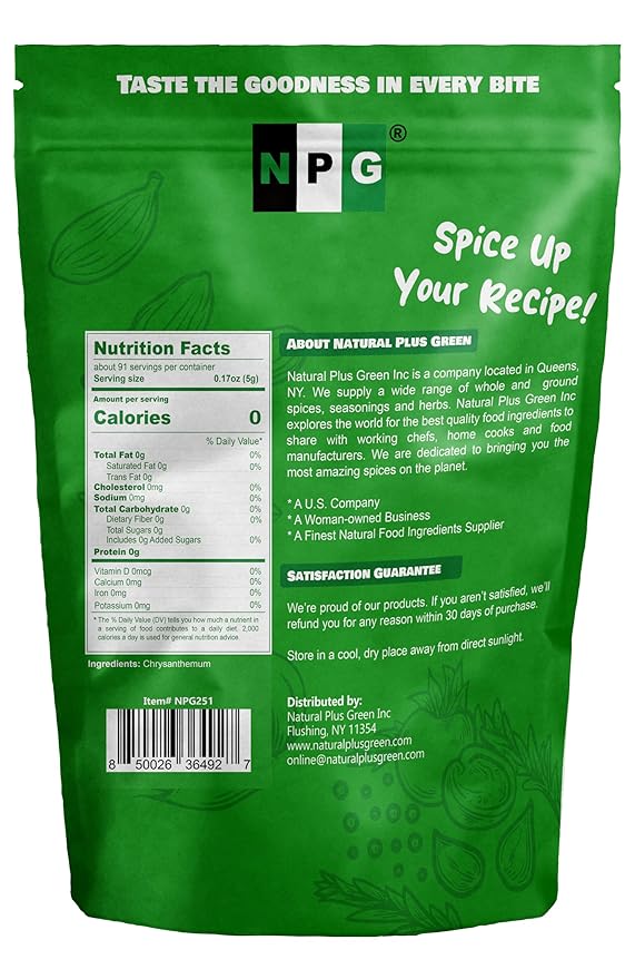 NPG Chrysanthemum Bud Tea 16 Oz, Premium Dried Chinese Tai Ju Flowers, Juhua Herbal Tea, Caffeine-Free, Non-GMO Loose Leaf with Floral Fragrance