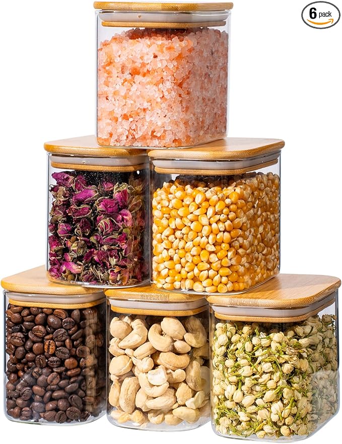 26oz 6PCS Rectangle Glass Pantry Containers with Lids, Glass Jars with Lids, Clear Food Storage Jars, Small Canister for Salt, Pepper, Spices, Nuts