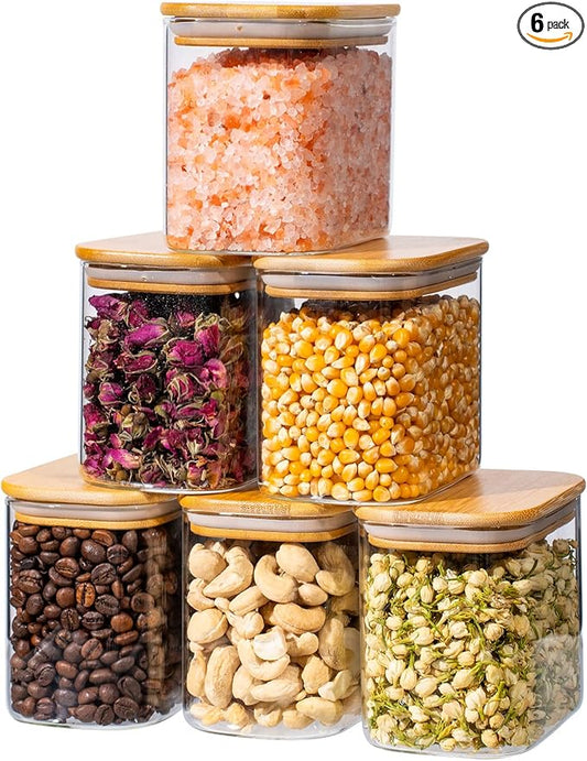 26oz 6PCS Rectangle Glass Pantry Containers with Lids, Glass Jars with Lids, Clear Food Storage Jars, Small Canister for Salt, Pepper, Spices, Nuts