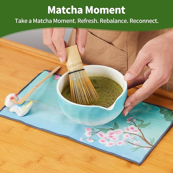 Aganippe 7 Pcs Matcha Whisk Set,Matcha Set, Matcha Kit, Matcha Tea Set,Matcha Bowl Set with Cat Scoop Holder, Tea Cloth, Sifter(Gradient Turquoise)