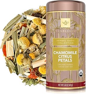 Teabloom Organic Herbal Tea, Chamomile Citrus Petals Loose Leaf Tea, Relaxing Chamomile Blend, USDA and EU Certified Organic, Fresh Whole Leaf in Reusable Gift Canister, 1.41 oz/40 g Canister Makes 35-50 Cups
