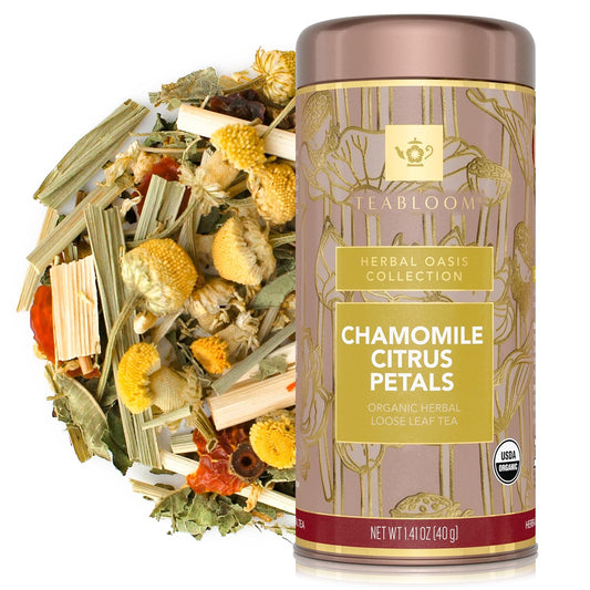 Teabloom Organic Herbal Tea, Chamomile Citrus Petals Loose Leaf Tea, Relaxing Chamomile Blend, USDA and EU Certified Organic, Fresh Whole Leaf in Reusable Gift Canister, 1.41 oz/40 g Canister Makes 35-50 Cups