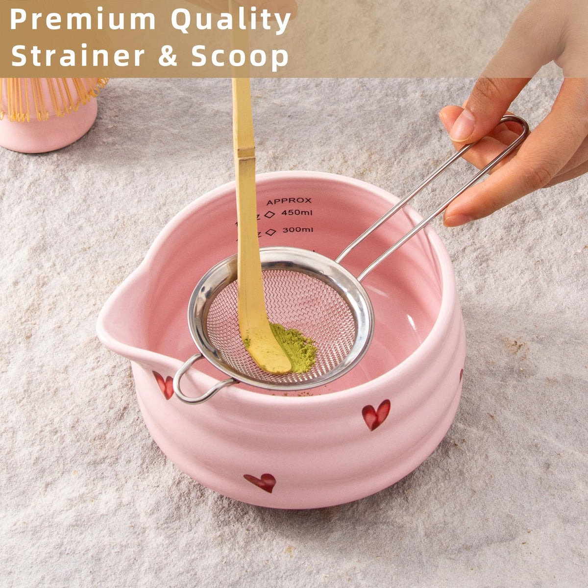 YumiPLUS 5pcs Matcha Set with Bamboo Whisk, Pink Love