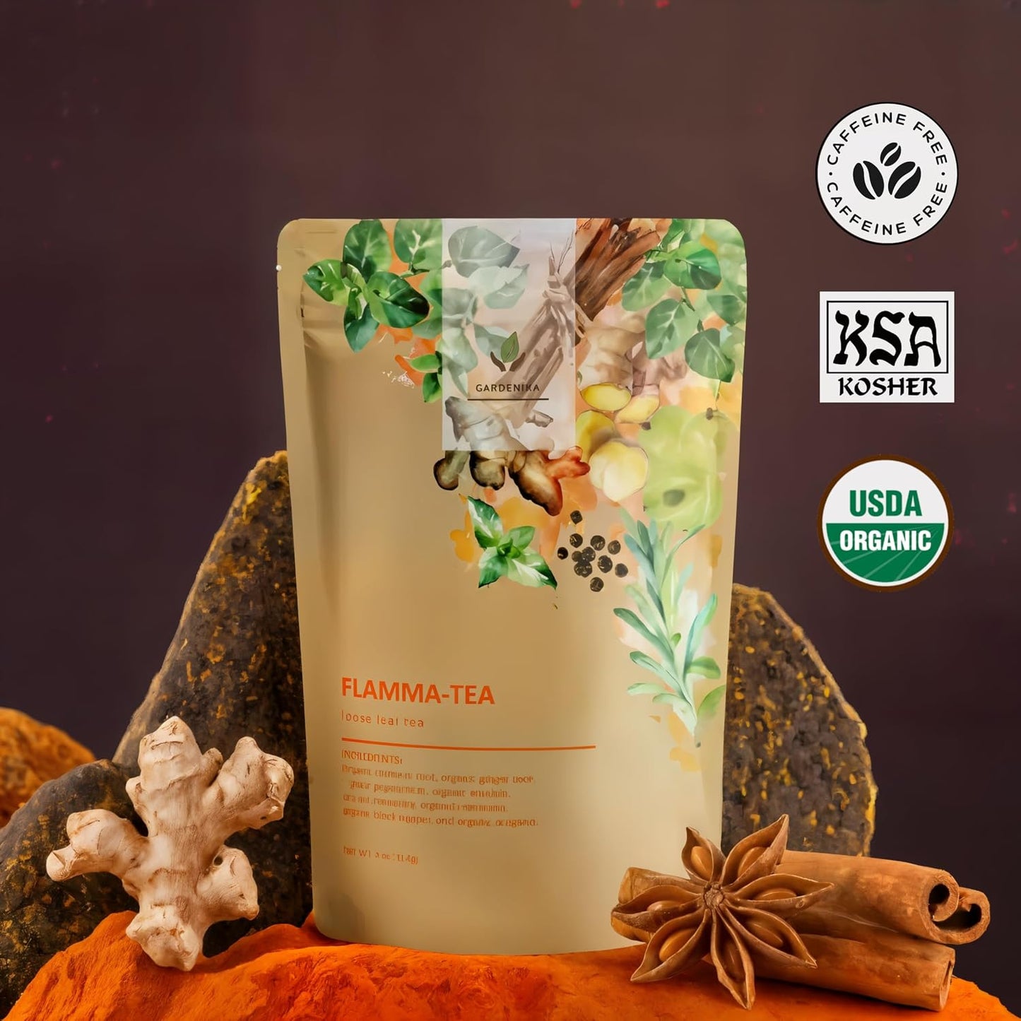 Gardenika Organic Flamma-tea Loose Leaf Turmeric Ginger Tea | with Cinnamon &amp; Pepper | 100% Natural | Caffeine Free | Herbal Wellness Tea | Premium Blend | 1 lb (454g)