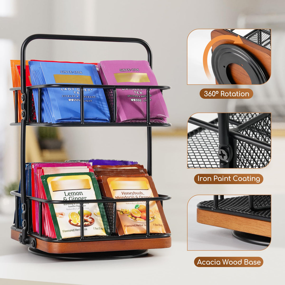Tea Bunch Rotating 2 Tier Tea Bag Organizer, 360° Spinning Teabag Organizer
