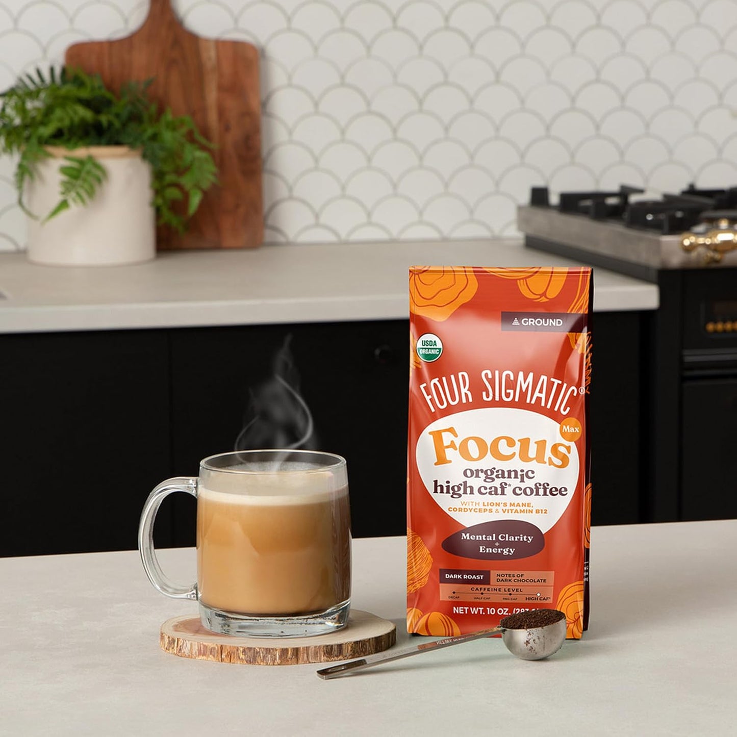 Four Sigmatic Focus Max High Caffeine Cordyceps Coffee | Organic Dark Roast High Caffeine Ground Coffee with Cordyceps, Lion's Mane and B12 | Energy Booster Without the Jitters | 10oz Bag