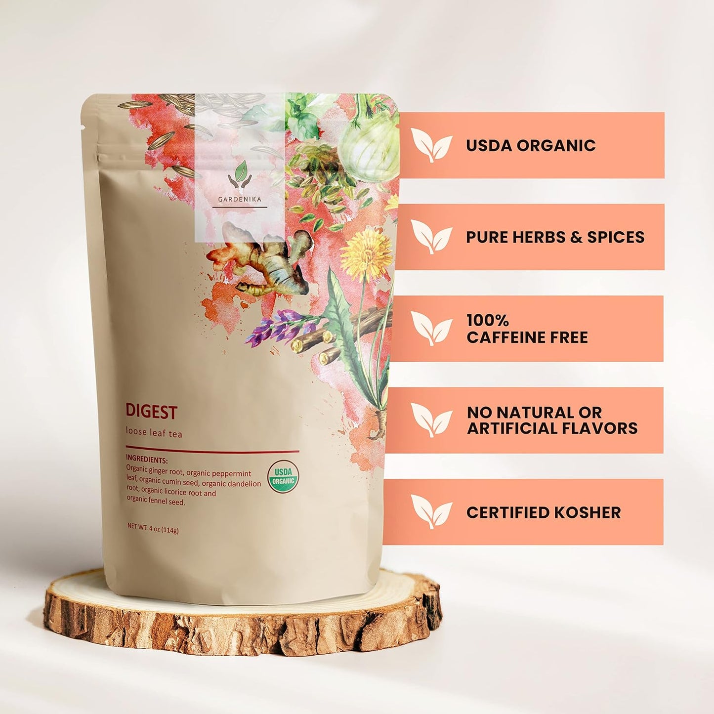 Gardenika Organic Digestive Loose Leaf Tea, Stomach Ease Herbal Caffeine-Free Leaves, Ayurvedic Blend with Dandelion Root, Ginger, Peppermint, Licorice – 4 oz