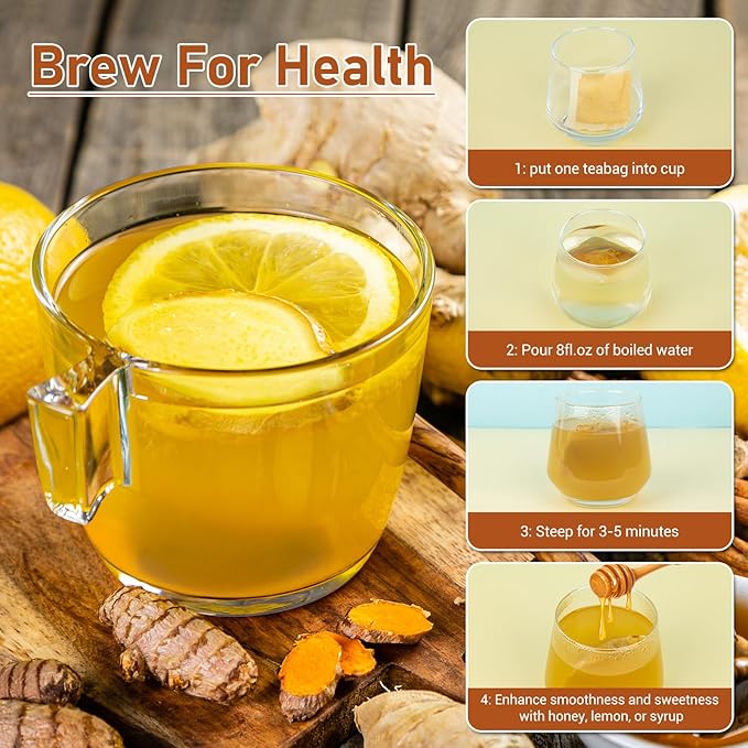 Turmeric Ginger Cinnamon Tea Bags, Pure Natural Ginger Turmeric Herbal Blend Tea with Cinnamon for Promoting Digestion, Boosts Immunity, Caffeine-Free, No Additives (1 Pack/60 Bags)