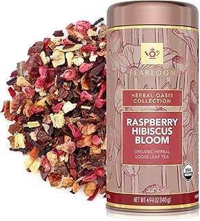 Teabloom Organic Herbal Tea, Raspberry Hibiscus Bloom Loose Leaf Tea, Fragrant and Fruity with Natural Berries, USDA and EU Certified Organic, Fresh Whole Leaf Blend in Reusable Gift Canister, 4.94 oz/140 g Canister Makes 35-50 Cups