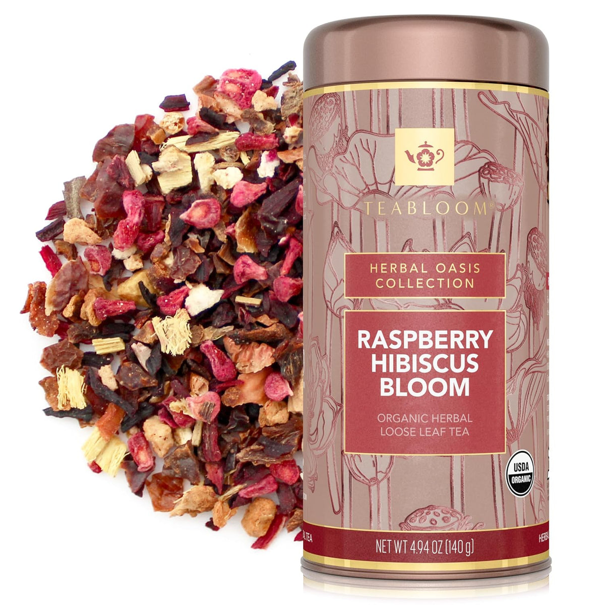 Teabloom Organic Herbal Tea, Raspberry Hibiscus Bloom Loose Leaf Tea, Fragrant and Fruity with Natural Berries, USDA and EU Certified Organic, Fresh Whole Leaf Blend in Reusable Gift Canister, 4.94 oz/140 g Canister Makes 35-50 Cups