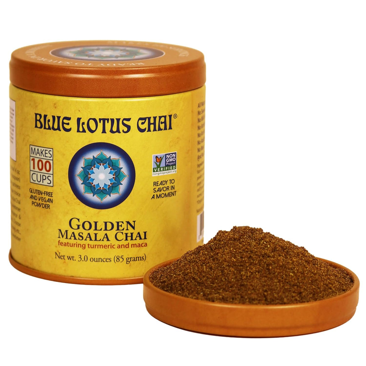 Blue Lotus Chai - Golden Masala Flavor Chai - Makes 100 Cups - 3 Ounce Masala Spiced Chai Powder with Organic Spices - Instant Indian Tea No Steeping - No Gluten