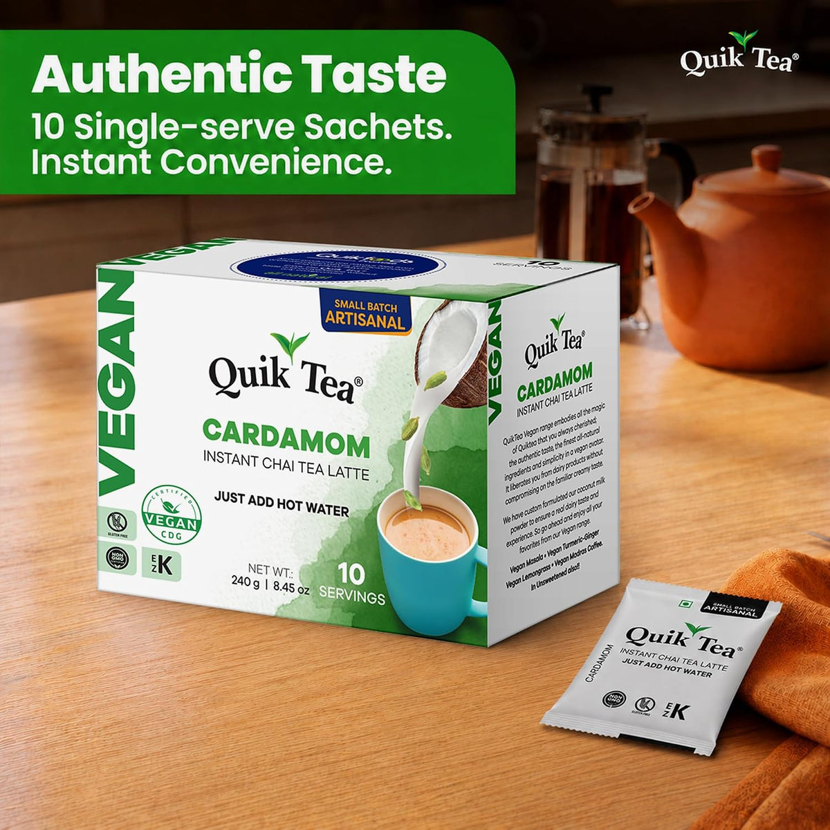 QuikTea Vegan Instant Chai Tea Latte Mix, Cardamom, 10 Sachets