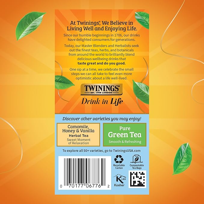 Twinings Pure Camomile Herbal Tea Individually Wrapped Bags, Calming & Delicate, 20 Count (Pack of 6), Naturally Caffeine-Free, Enjoy Hot or Iced, 120 Teabags