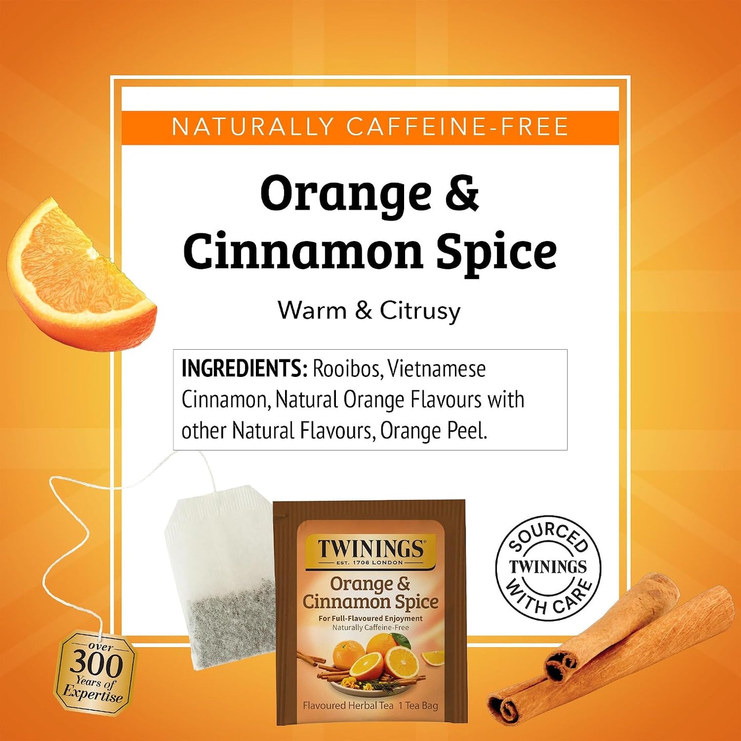 Twinings Orange &amp; Cinnamon Spice Herbal Tea Bags, 20 CT Box (6 Pack) | Rooibos with Citrusy, Soothing Spices, Naturally Caffeine-Free, 120 Foil Lined Individually Wrapped Bags, Enjoy Hot or Iced