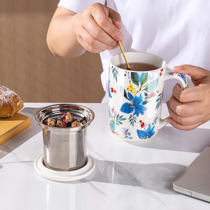 AmorArc Porcelain Tea Mug with Infuser and Lids, 18 Oz Coffee Cup Strainer with Bag Holder for Loose Leaf Tea