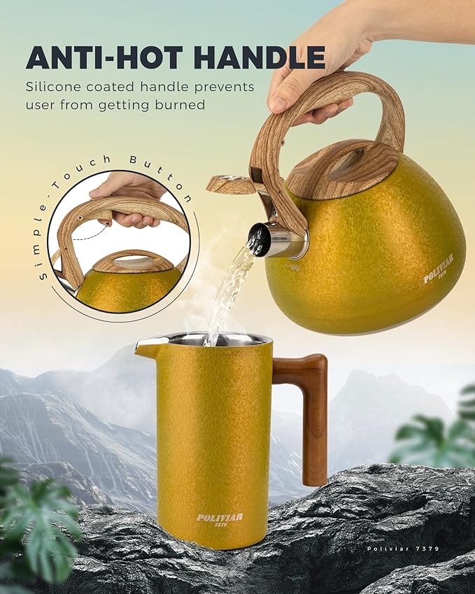 Poliviar Tea Kettle, 2.7 Quart Stovetop Tea Kettle, Audible Whistling Teapot with Crackle Finish, Food Grade Stainless Steel for Anti-Rust