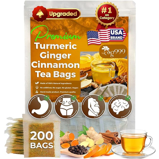 TOG999, 200 Bags Premium Turmeric Ginger Cinnamon Tea. Upgraded Version. Improve Digestion, Support Brain, Weight, Skin and Sleep. Eco-Conscious Tea Bags. No Sugar, No Caffeine, No Gluten, Vegan.