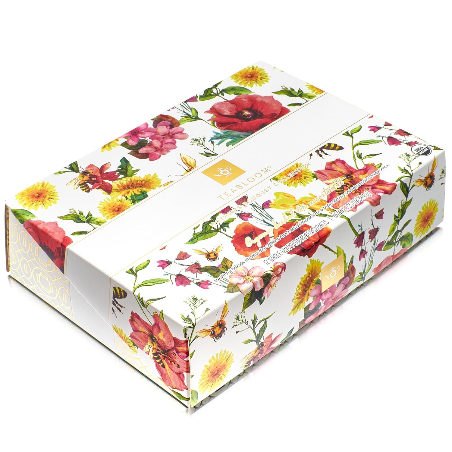 Teabloom Mother’s Bouquet Gourmet Tea Gift – Herbal Assortment with 12 Organic Plant-Based Pyramid Sachets, Caffeine-Free & Kosher, Elegant Presentation Box for Tea Lovers