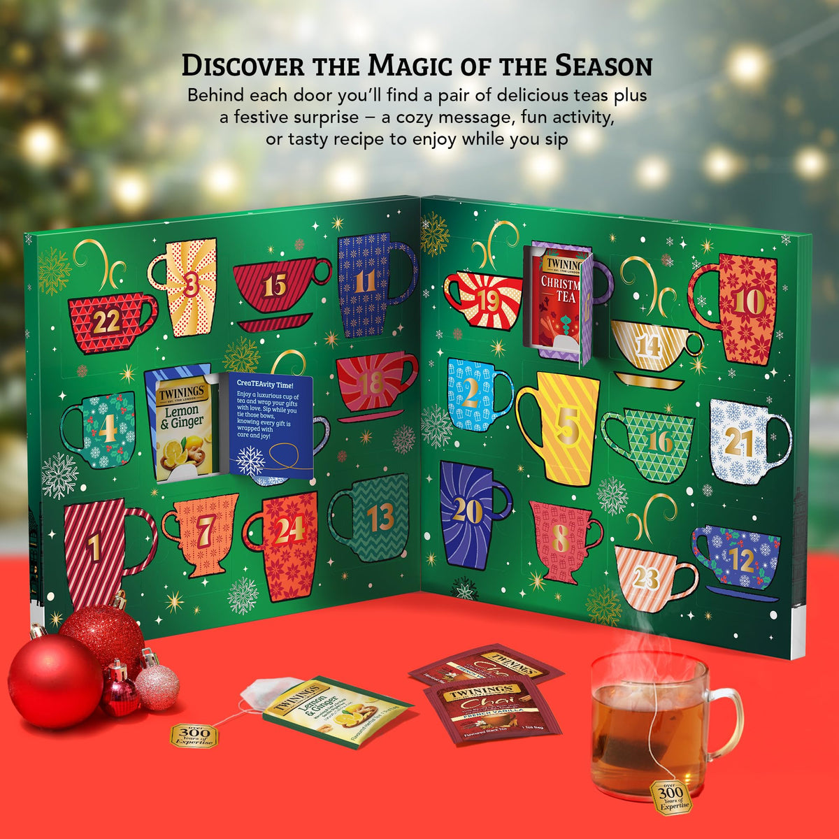 Twinings Tea Advent Calendar Gift Set, 24-Day Holiday Sampler with Black, Green & Herbal Teas, Christmas Countdown Box for