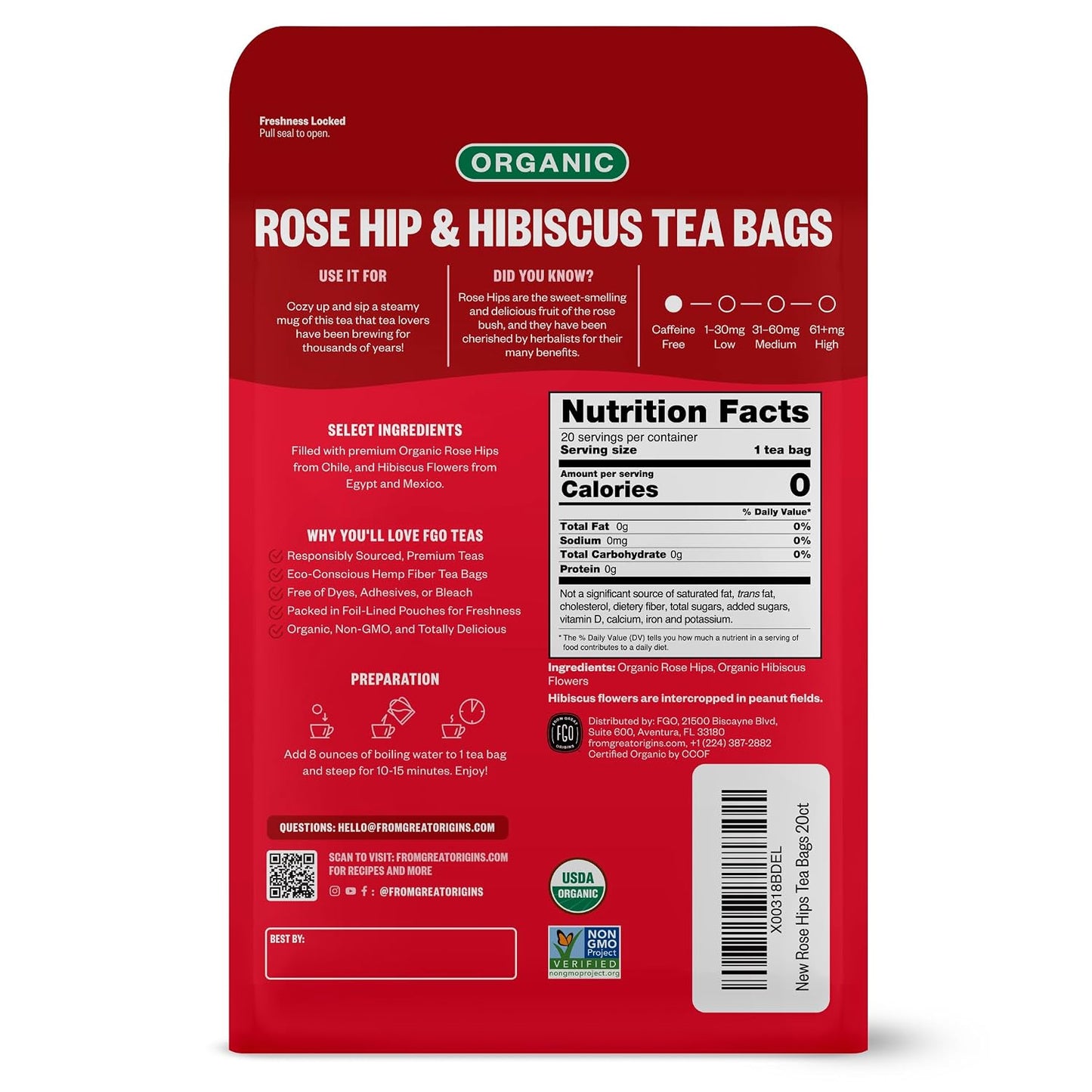 FGO Organic Rosehips Tea, 20 Count, Eco-Conscious Herbal Tea Bags, Resealable Bag, Caffeine Free, Packaging May Vary (Pack of 1)
