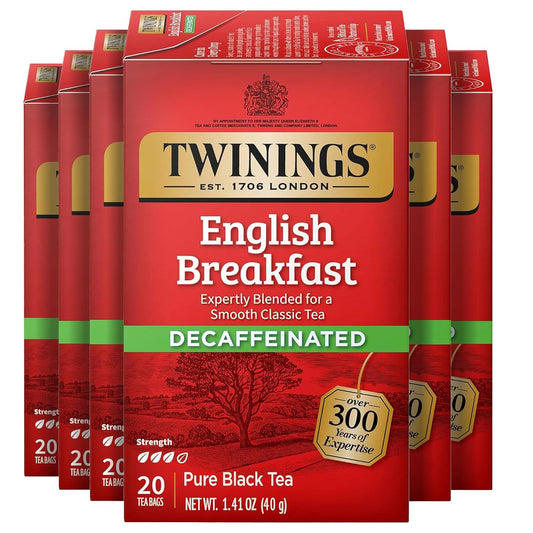 Twinings Decaffeinated English Breakfast Black Tea Bags, 20 CT Box (6 Pack) | A Classic, Robust &amp; Smooth, Full Flavour Without the Caffeine, 120 Foil Lined Individually Wrapped Bags, Enjoy Hot or Iced