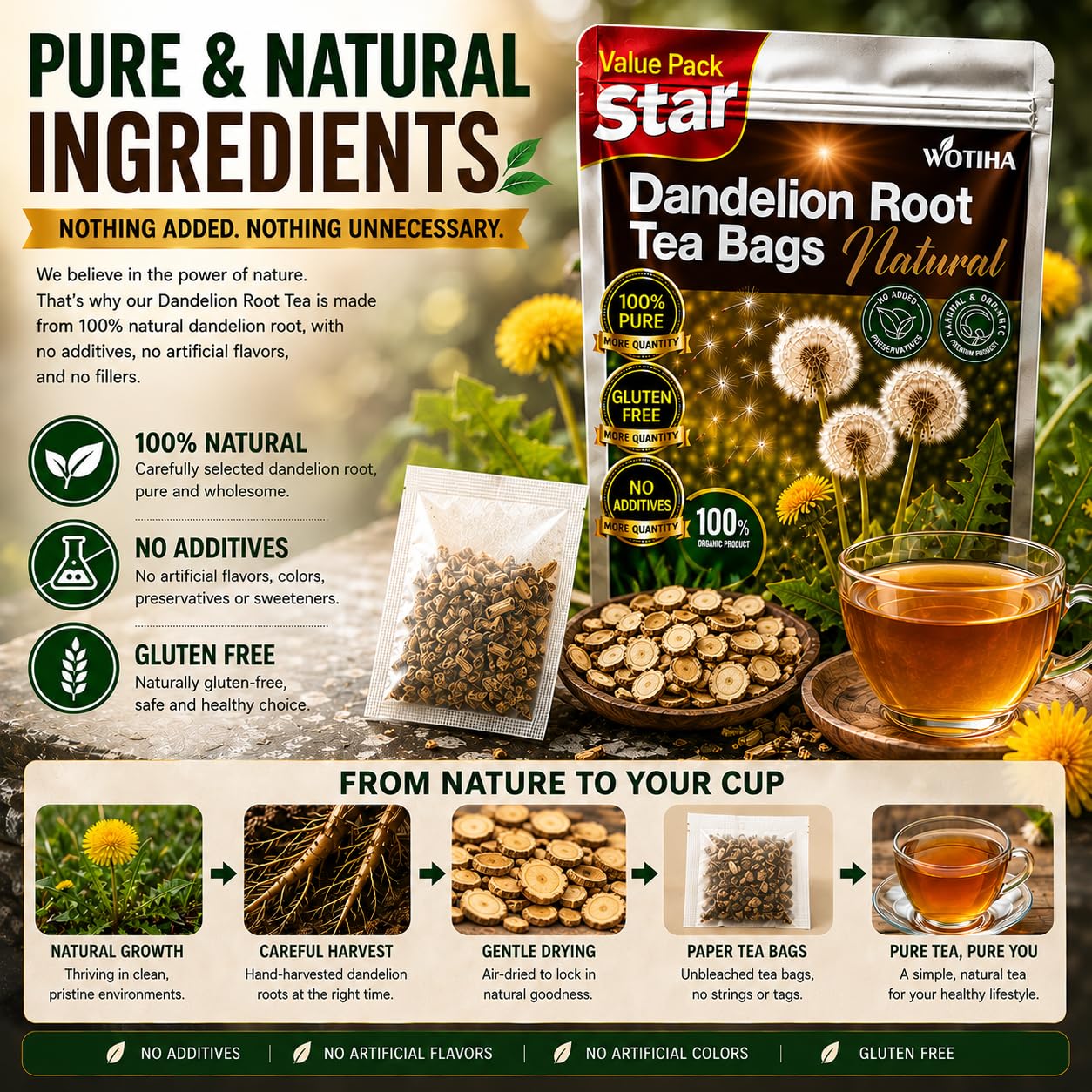 WOTIHA 60 Count Premium Dandelion Root Tea Bags - 100% Natural Roasted, Supports Liver &amp; Kidney Health, Digestion &amp; Immunity, Caffeine-Free, Additive-Free, Gluten-Free, Vegan.