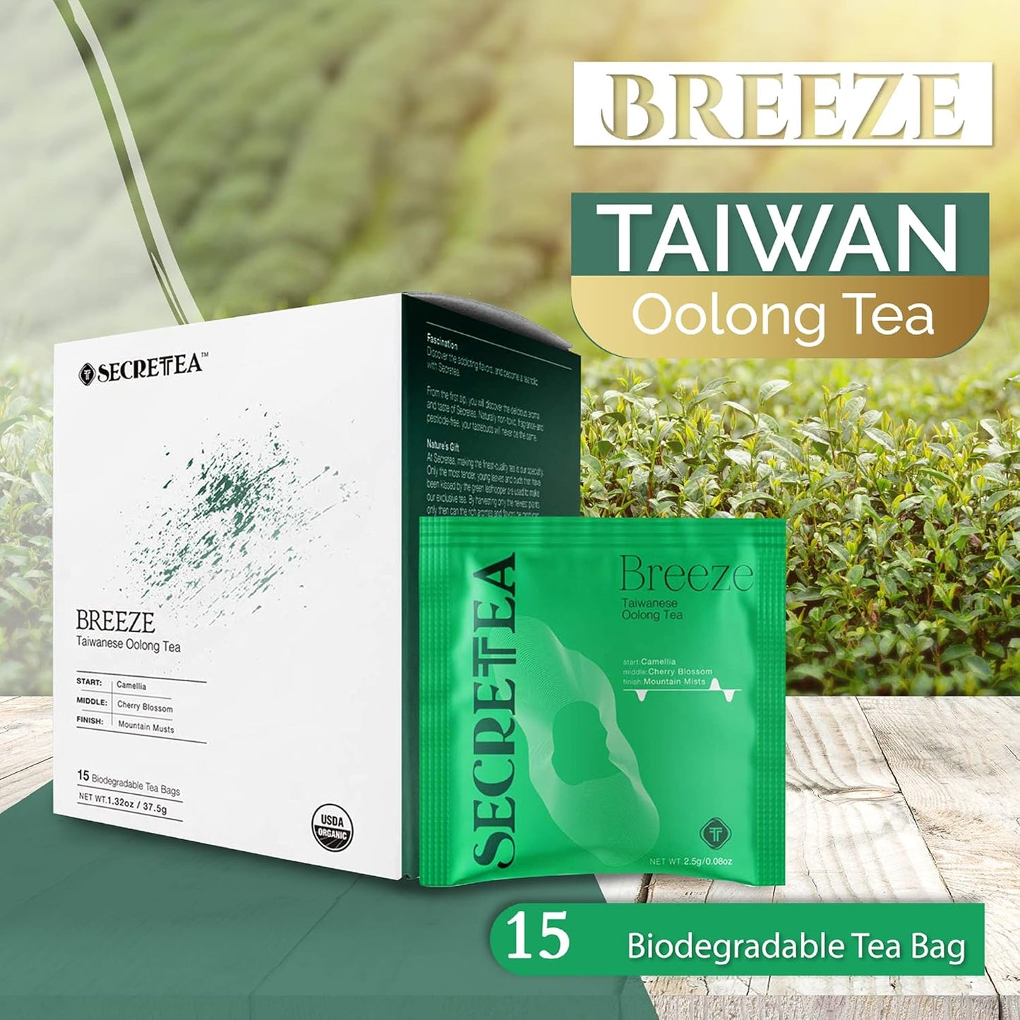 Taiwan High Mountain Oolong Tea 100% Organic, Hand Crafted, Powerful Antioxidant And Biodegradable Tea bag, Pack Of 3 (45 Count) | By T SECRETEA, Breeze