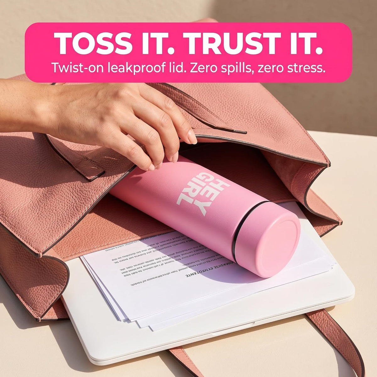 Hey Girl Tea Infuser Bottle 450ml - Insulated Stainless Steel Water Bottle - Tea Tumbler with Tea Diffuser - Portable Travel Mug for Loose Leaf Tea &amp; Infused Water - Tea Lovers Gifts for Women (Pink)