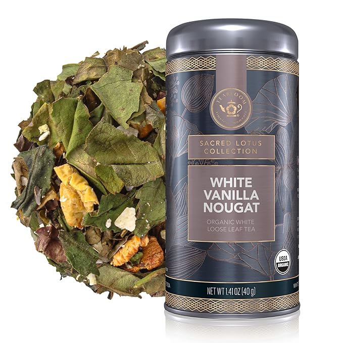 Teabloom Organic White Tea, White Vanilla Nougat Loose Leaf Tea, Sweet and Satisfying with Vanilla and Coconut, USDA Certified Organic and Kosher Certified, 1.41 oz/40 g Canister Makes 35-50 Cups