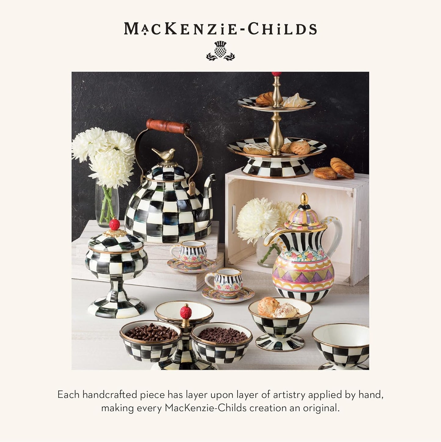 MACKENZIE-CHILDS Enamel Teapot, 4 Cups, Black-and-White Courtly Check | Hand-painted design, small teapot with lid for steeping and serving tea, 9" W x 7" H