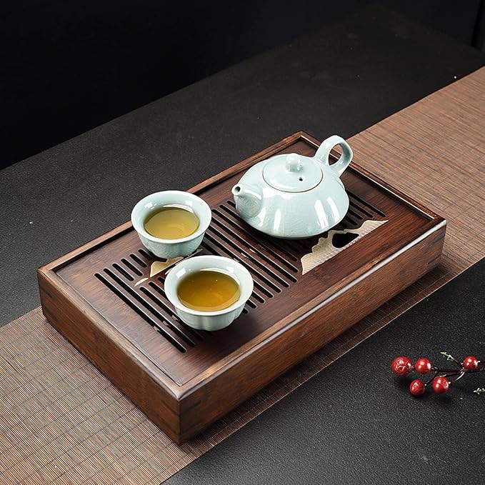 Bamboo Tea Tray Chinese Kungfu Serving Tray Gongfu Tea Table Box with Water Storage Kung Fu Tea Set Serving Tray 11.8 Inch