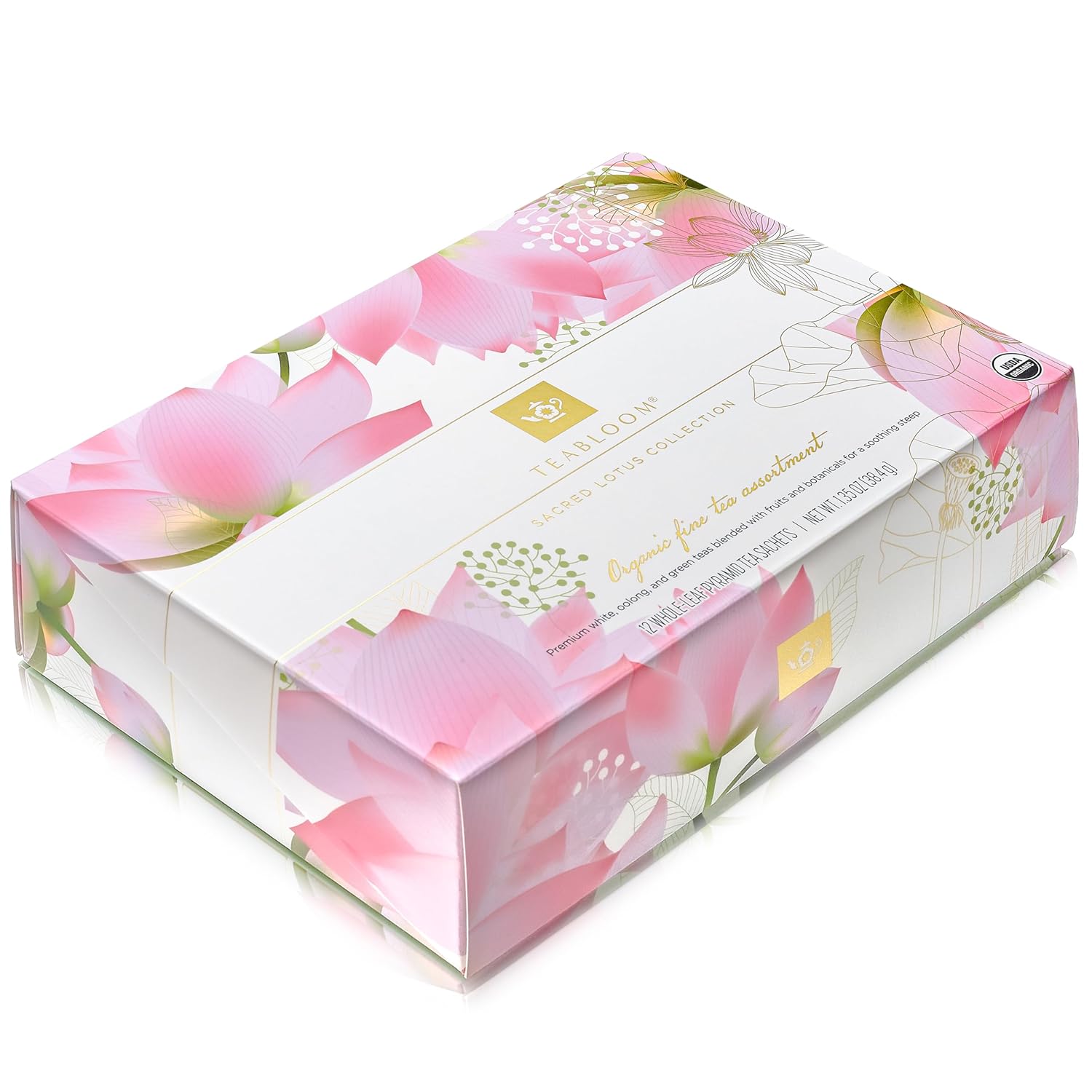 Teabloom Organic Sacred Lotus Pyramid Tea Presentation Box, 12 Assorted USDA Certified Organic Whole-Leaf Pyramid Tea Sachets, Green Tea, Oolong tea, White tea