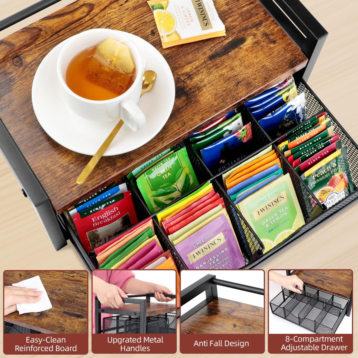 Happilif Tea Bag Organizer, Tea Bag Holder Organizer with 8-Compartment Adjustable Drawer, Wood & Metal Tea Box Organizer