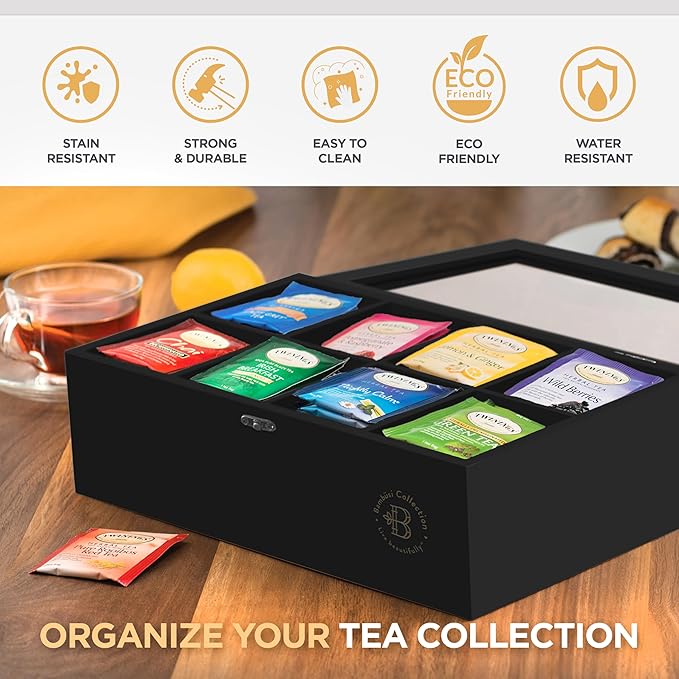 Bambüsi Tea Bag Organizer - Bamboo Tea Box Organizer Storage Box, Tea Bag Holder with Acrylic Window, Magnetic Lid Keeps Tea Bags Fresh