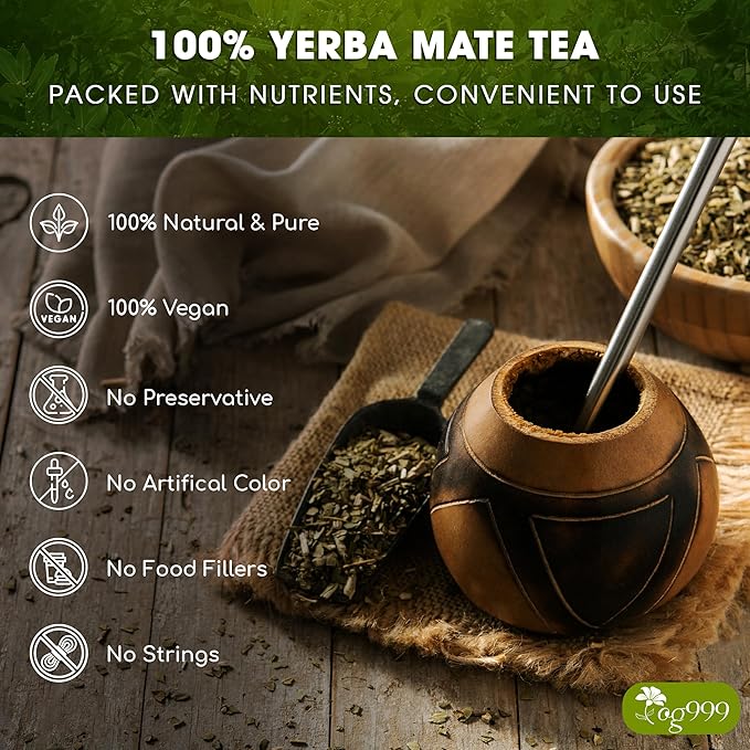 TOG999, 60 Tea Bags Yerba Mate, Hi-Caffeine, Unsmoked Yerba Mate Tea Bags, Super-Green Yerba Mate, No Dust, Fresh - Never Aged (Ilex Paraguariensis), Cultivated from Argentina - Rich in Antioxidants and Plant Nutrients.