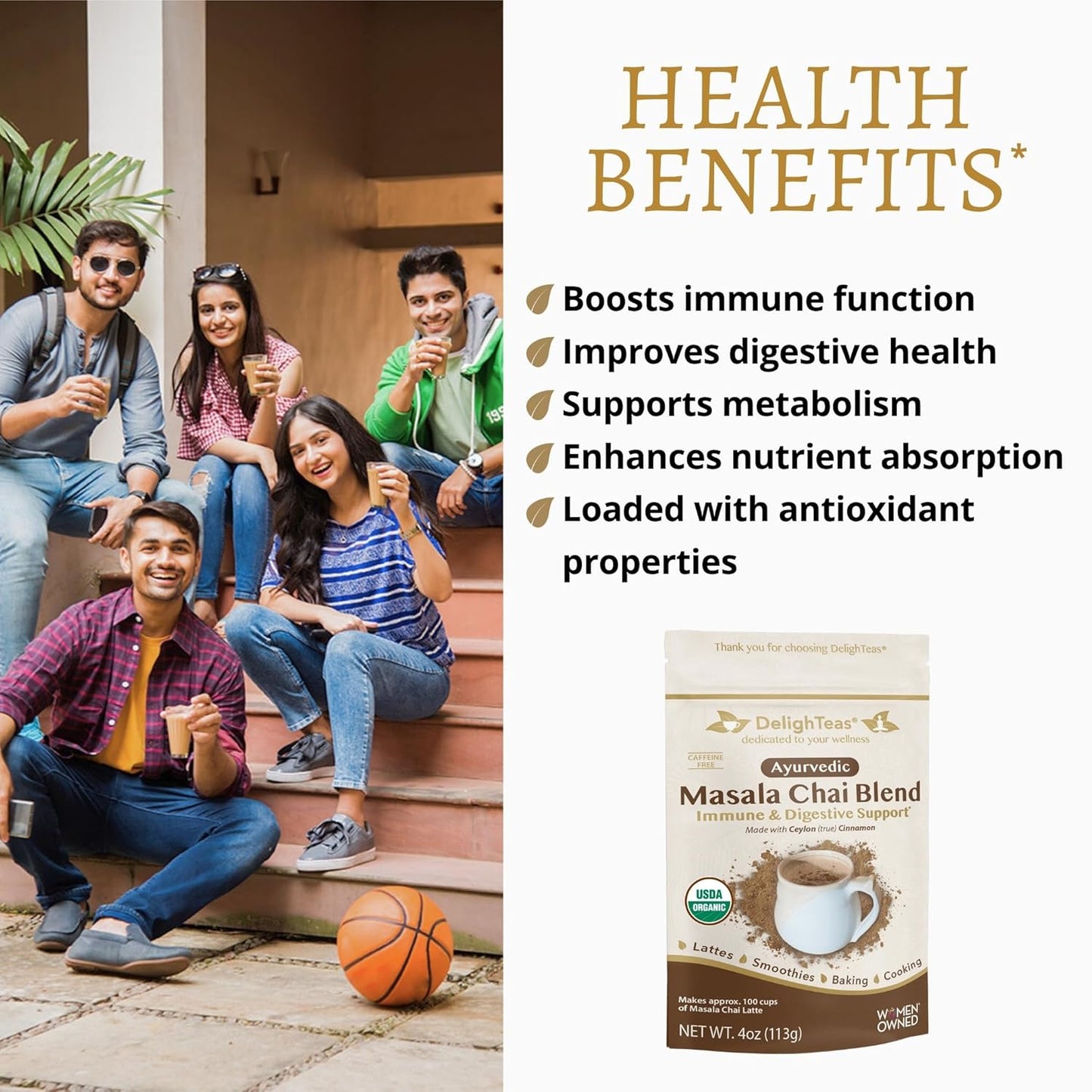 DelighTeas Organic Masala Chai Powder | Caffeine free, Unsweetened, Vegan, Keto | Ayurvedic Digestive Support blend for Chai Spice Tea | 100 Servings, 4oz