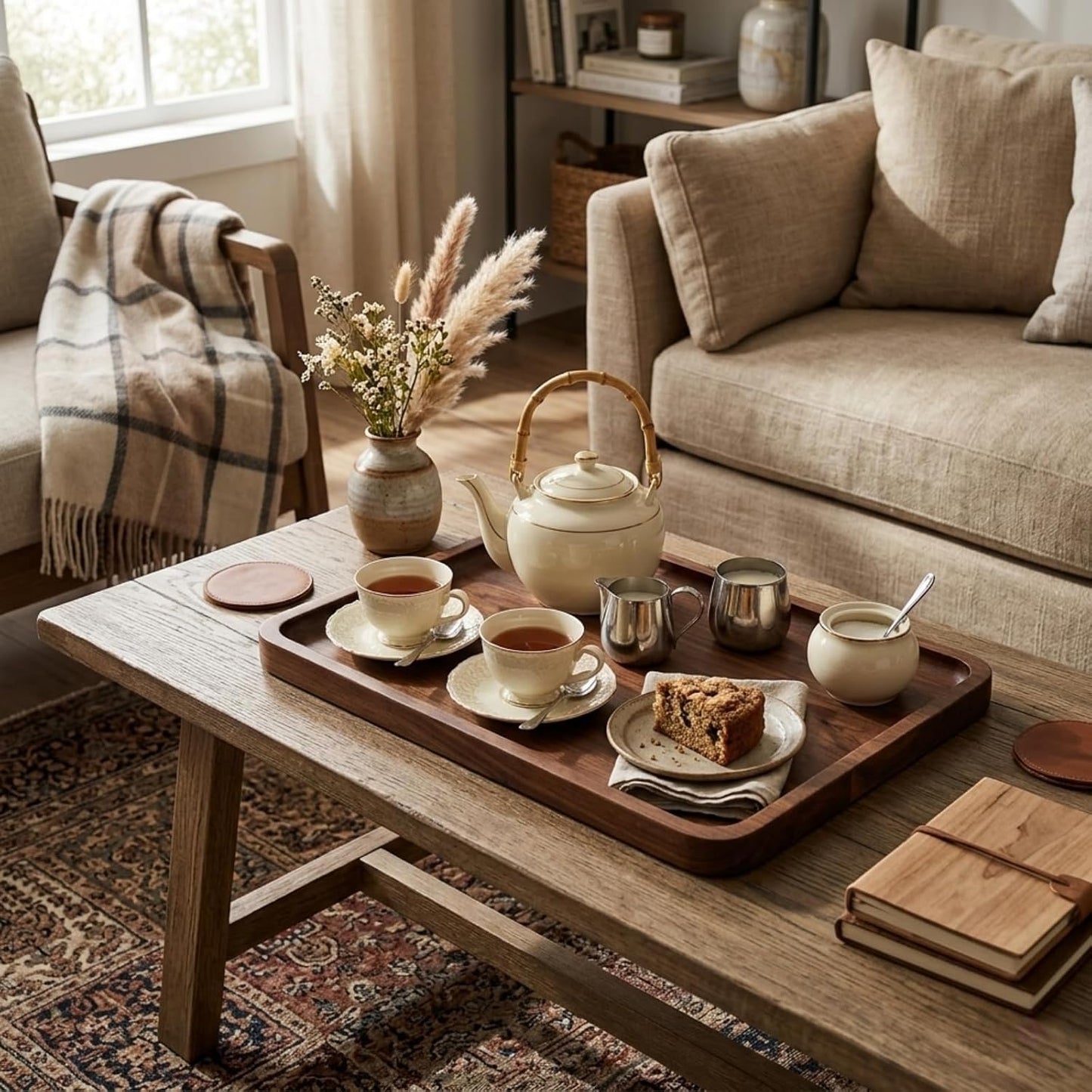Bamber Wood Serving Tray Wooden Decorative Coffee Tea Platter Black Walnut 13.4 x 9 Inches