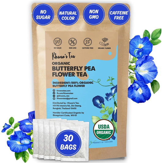 KHWAN'S TEA Organic Butterfly Pea Flower Tea Bags, 30 Count | USDA Organic butterfly pea flower, color-changing blue tea for mocktails, cocktails &amp; latte art, caffeine-free, 30 ct