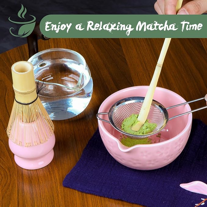 Matcha Whisk Set Pink, 8Pcs Matcha Set Kit include Matcha Bowl, Matcha Whisk and Holder, Bamboo Scoop, Scoop Rest, Sifter and Tea Towel