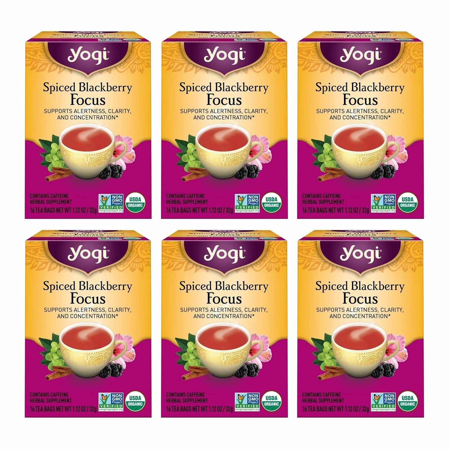 Yogi Spiced Blackberry Focus Tea, 16 Tea Bags (6 Pack)